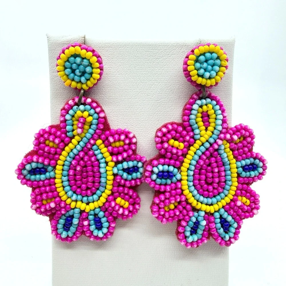 VTG Seed Bead Beaded Drop Dangle Statement Earrings Pink Yellow Boho Festival